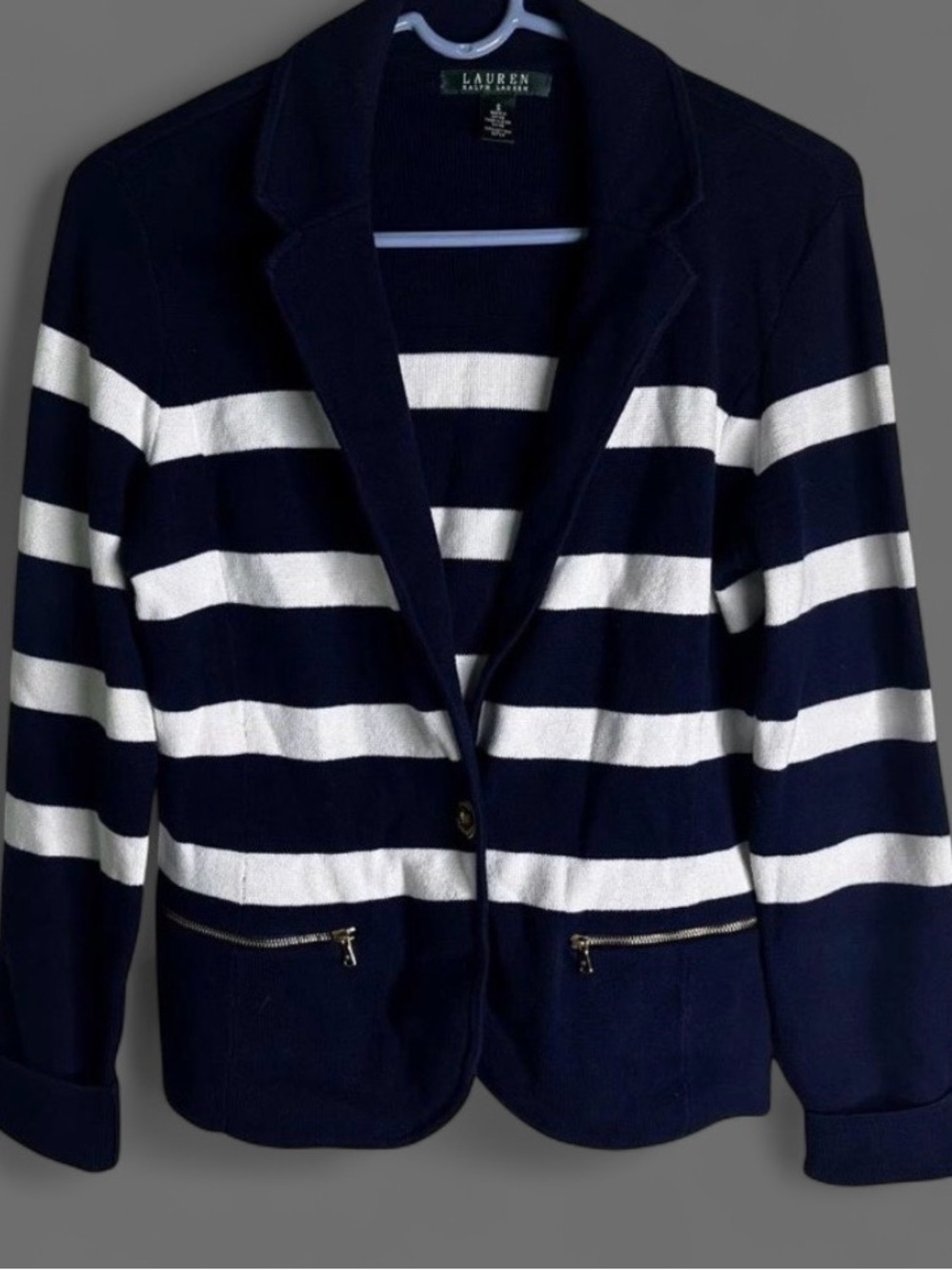 Vintage Lauren Ralph Lauren Blue Striped Knit Blazer Zip Pockets Nautical